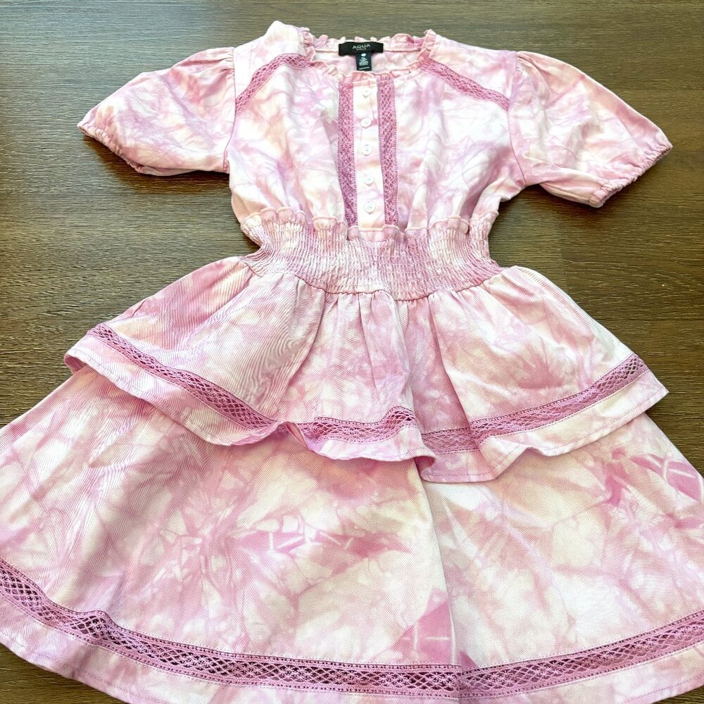 AQUA Girls' Tie Dye Smocked Waist Ruffle Dress - size M/10